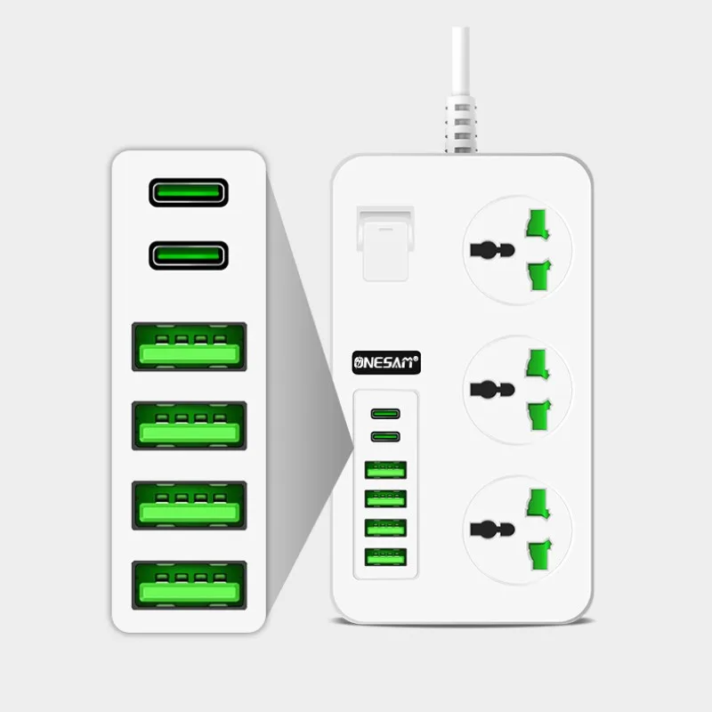 US EU UK 3 Ports 2 PD Type C 4 USB Fast Charger 2.1A 5V 3000W Universal Outlets Power Strip for Residential Commercial