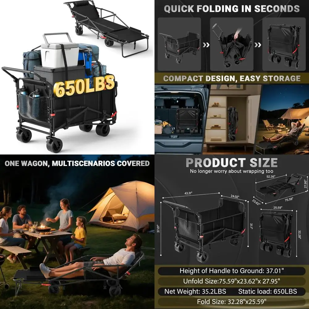 

Heavy-Duty Folding Wagon Collapsible Cart 650lb Capacity All-Terrain Wheels with Brakes and Side Pockets for Outdoor Use