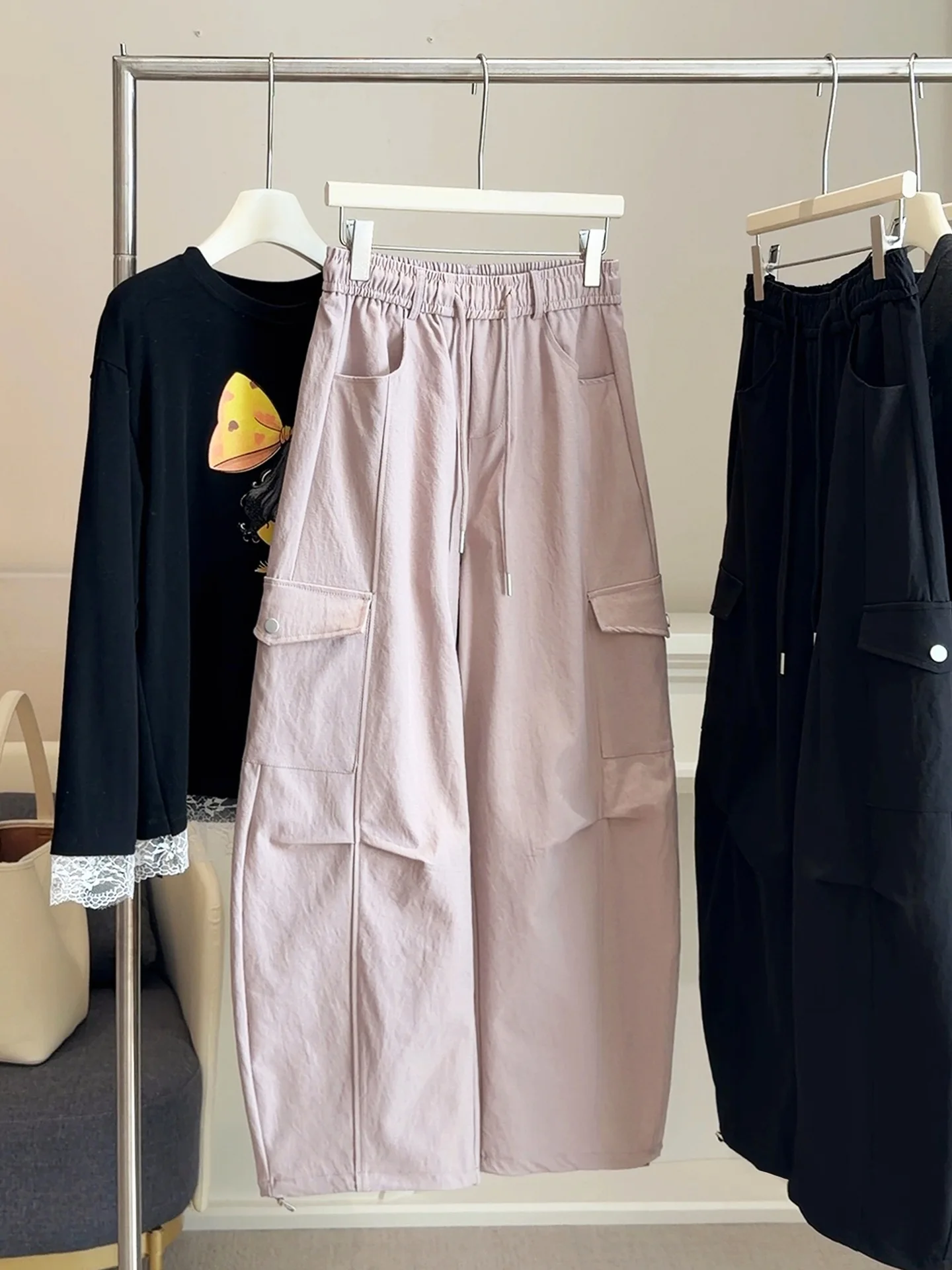 Korean Minimalist Casual Drawstring Pink Cargo Pants Women Spring High Waist Cuffed Loose Straight Pants Street Trend Trousers
