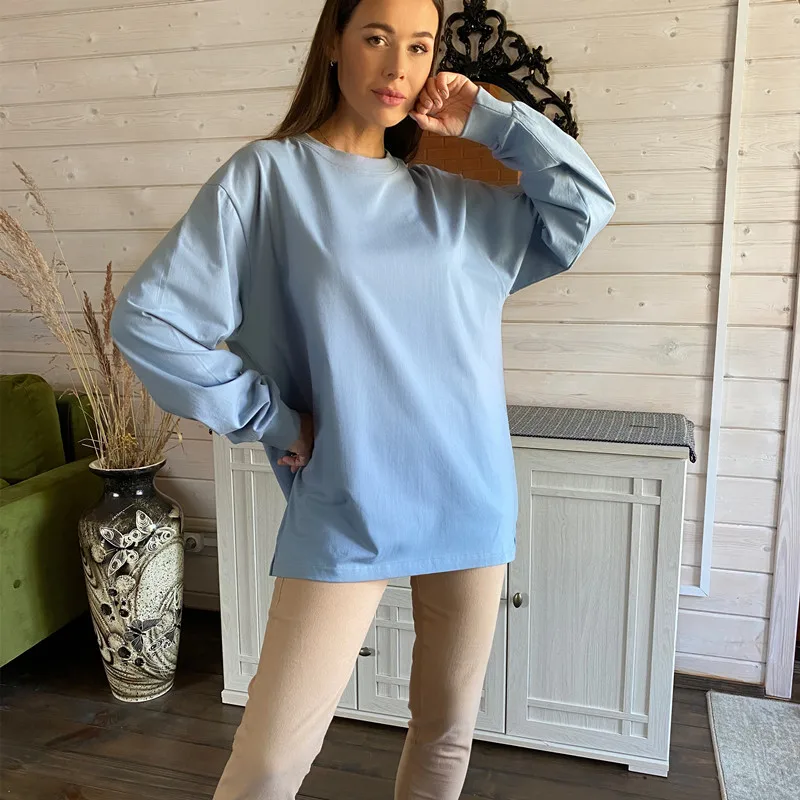 2023 Autumn And Winter Solid Color Long-sleeved T-shirt Men And Women With The Same Style Thread Cuffs Hem Slit Design Top S-2XL