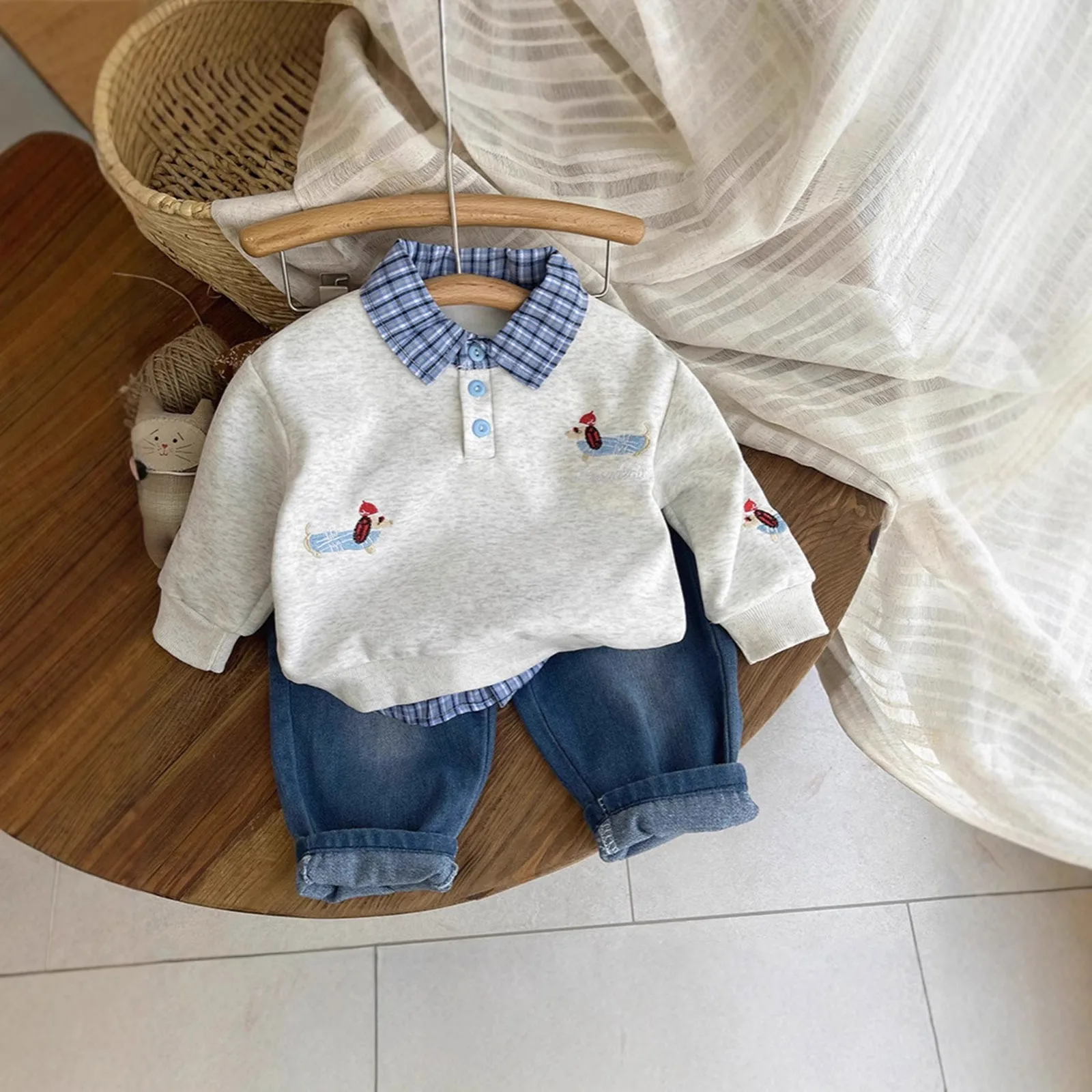 

5 Month Old Outfits College Boy Casual Suit Baby Cartoon Elongated Dog Two Piece Sweatshirt Denim Baby Girl Fall Shoes