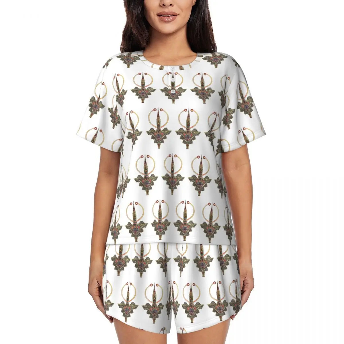 

Kabyle Jewelry Amazigh Morocco Round Neck Short Sleeve Nightgowns for Sleeping Sleepshirts Women Loose Pajama Set Short Pants