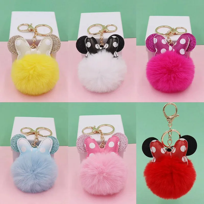 

Fashion Mickey Bow Colorful Plush Ball Pendant Keychain New Jewelry for Women Trendy Flamingo Charm Car Bag Decoration Keyring