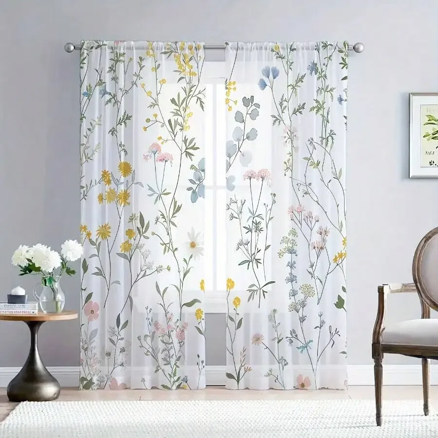 

2pcs Watercolor Wild Flower Printed Sheer Curtains, Featuring Yellow Daisy, Pink Floral, Blue Eucalyptus Leaves And Green Foliag