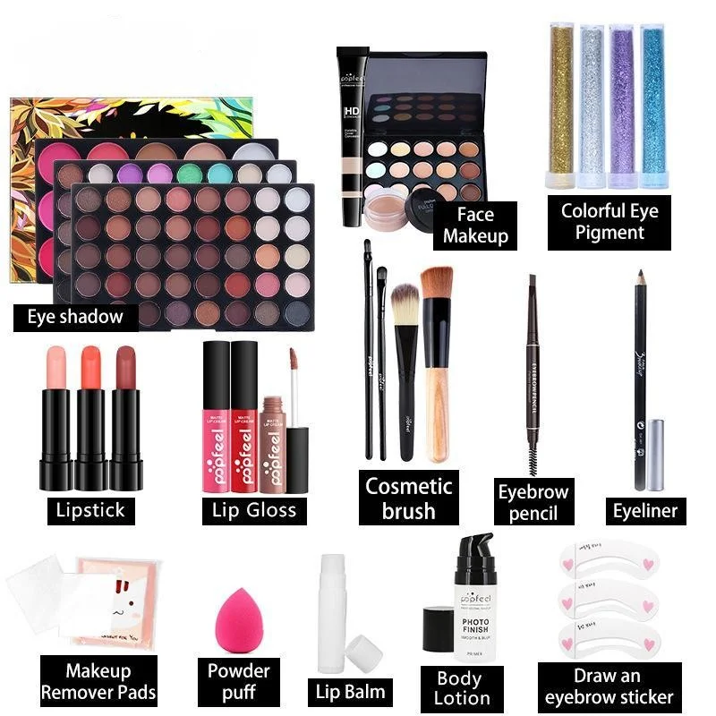 Professional All in One Makeup Set Ladies Daily Makeup Kit Eyeshadow Blush Foundation Face Powder Lipstick Makeup Case Cosmetic