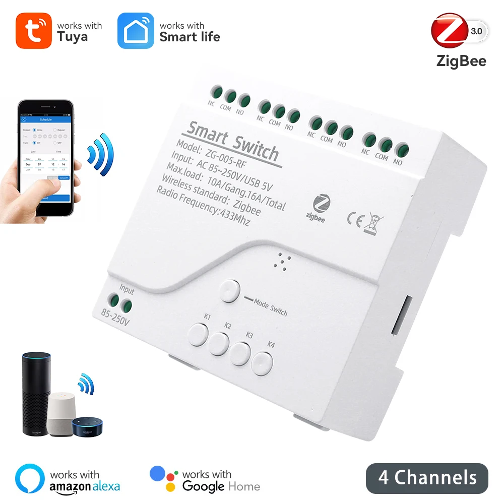 Tuya Zigbee 3.0 Modul Sakelar Lampu Pintar 85-250V 10A Relay 4CH Pengendali Sakelar Jarak Jauh dengan Asisten Alexa Google Home