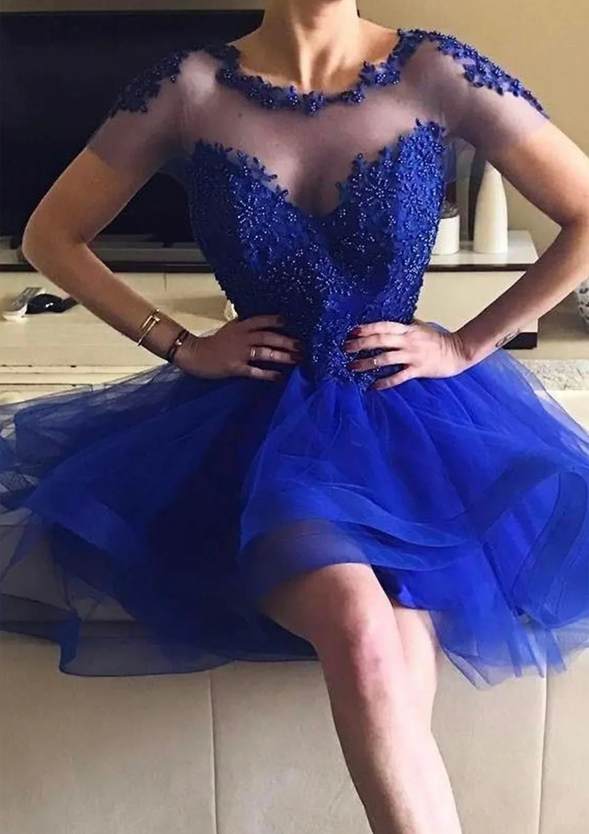 Royal Blue Prom Dresses Short Front Long Back Beaded Applique Short Sleeves Tulle Backless Formal Party Graduation Evening Gowns