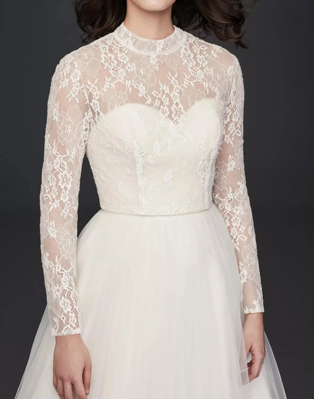 Luxury White Sheer Lace High-Neck Bridal Bolero with Pearl Button Back and Long Sleeves Wedding Jacket Customized V2696