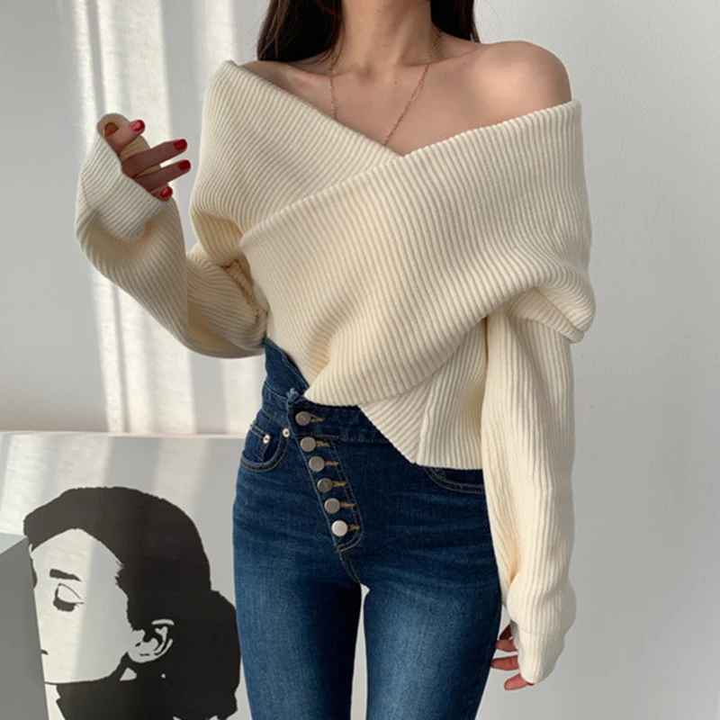 Korea Chic Autumn Winter Feminine Pullovers Skin-revealing Slash Collar Tops Shoulder Strapless Loose Long-sleev Knitted Sweater