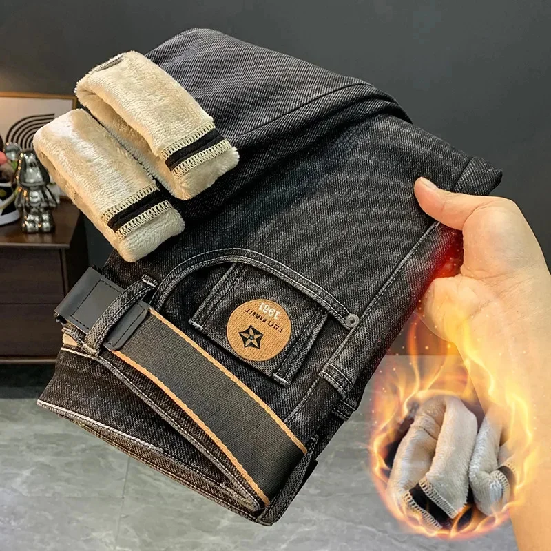 Pantalones vaqueros gruesos con forro polar de cachemira para hombre, pantalones rectos micro holgados cálidos y de moda para invierno