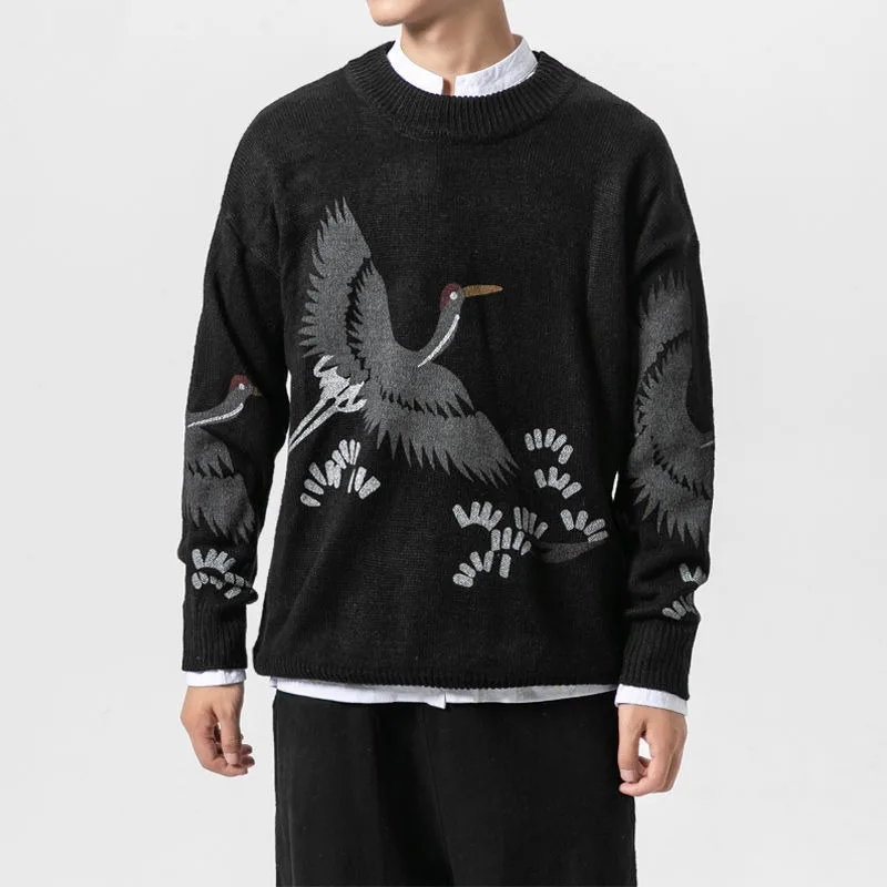 Crane Bird Y2K stampa maglioni Vintage per uomo bianco nero Hip Hop Fashion Pullover inverno autunno Streetwear Harajuku manica lunga