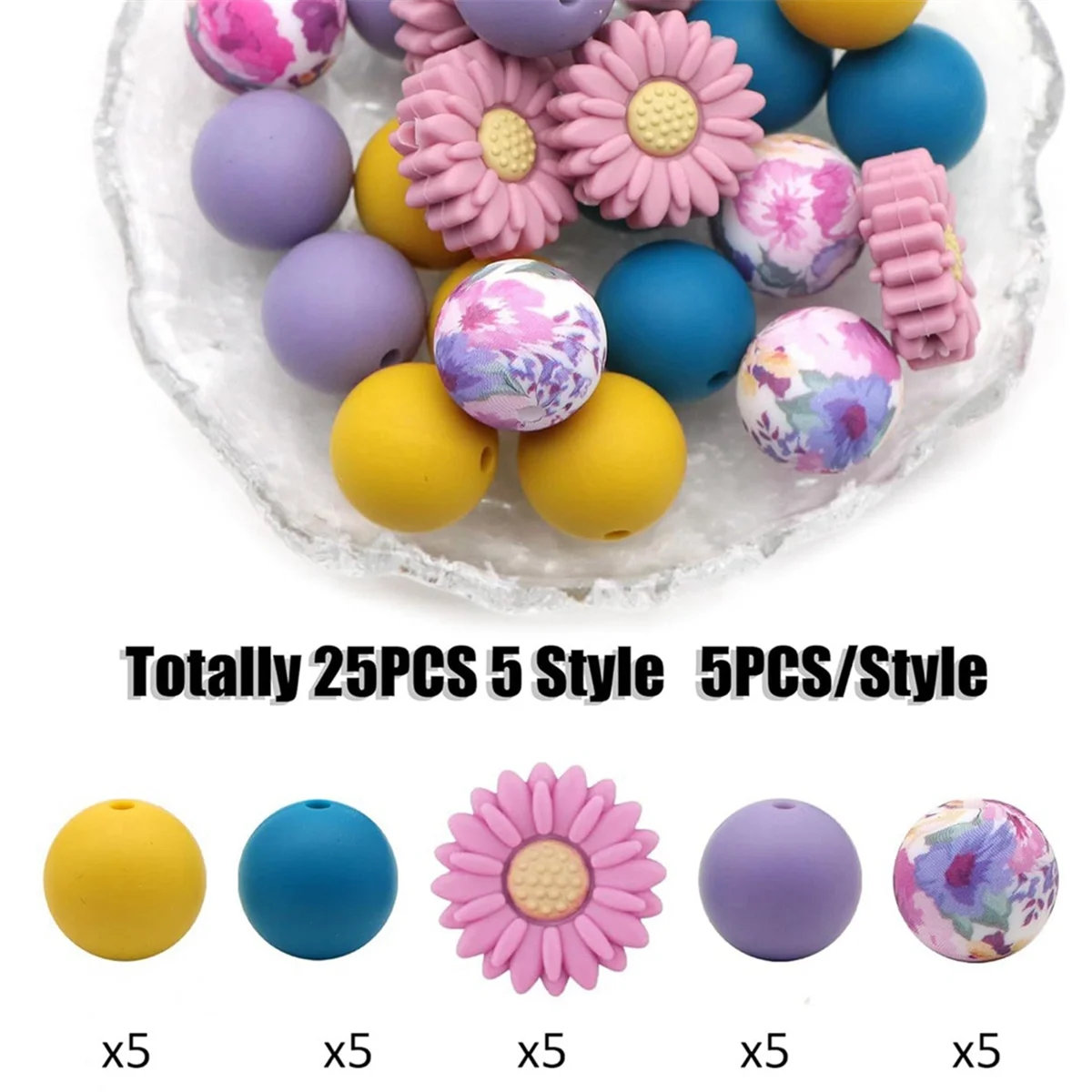 Daisy Silicone Beads Peach White Daisy Flowers Shape Silicone Loose Bead Round Beads Spacer Beads with Elastic Rope