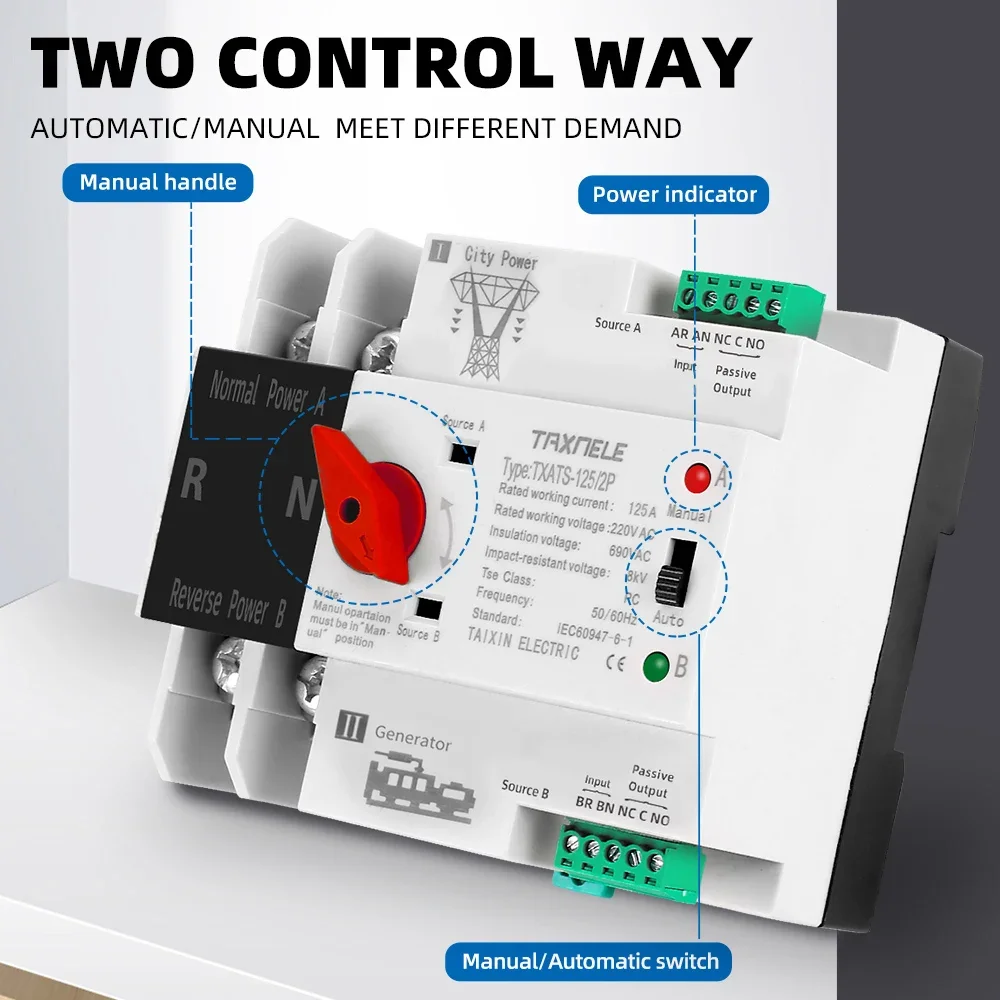 단상 Din 레일 ATS 220V 이중 전원 자동 전송 전기 선택기 스위치, 무정전 전원 2P 63A 100A 125A