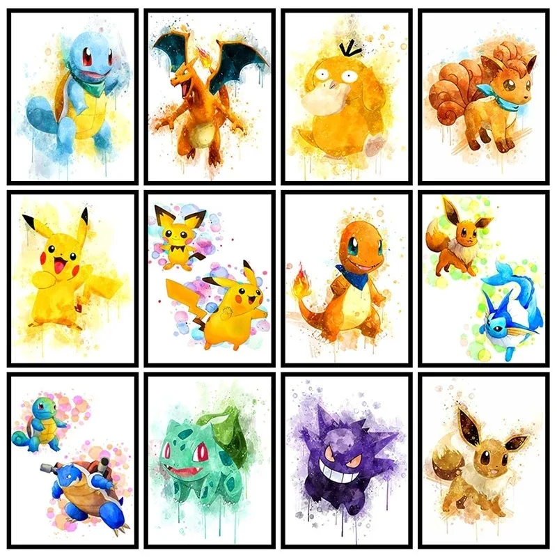 Japan Anime Peripherals Pokemon Pikachu Poster Mural Decoration Cartoon Wall Art Water Colours Canvas Painting Baby Kidtion Gift