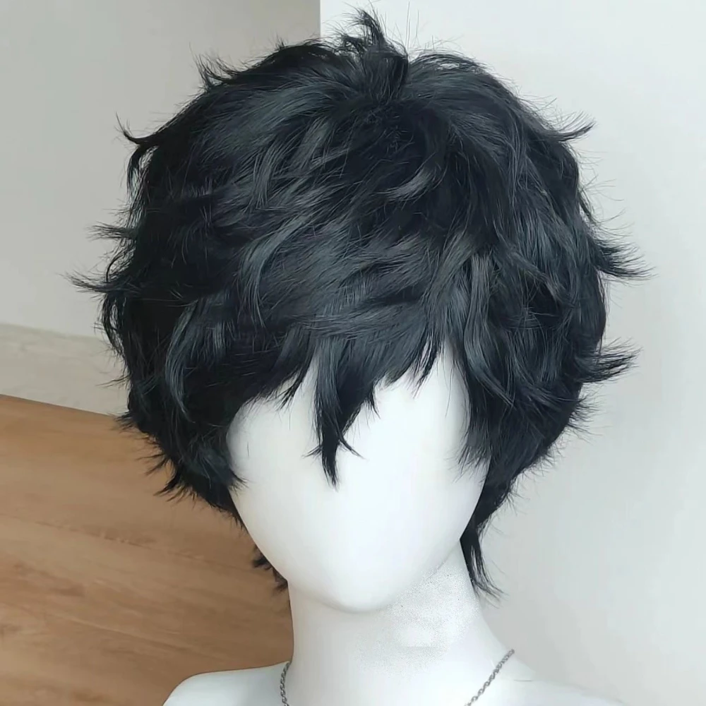 Anime Amamiya Ren / Akira Kurusu Cosplay Wig Black Short Hair Heat-resistant Synthetic Fiber Wig with Rose Net Cap Party Wig