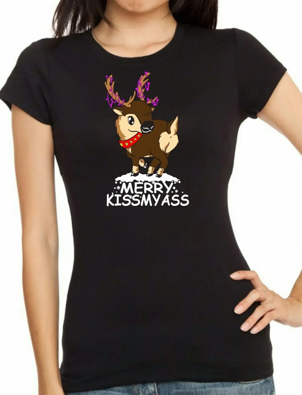 Humorous Merry Kiss My Ass Funny Reindeer Christmas Gift Mens T-Shirt. Summer Cotton Short Sleeve O-Neck Womens T Shirt New
