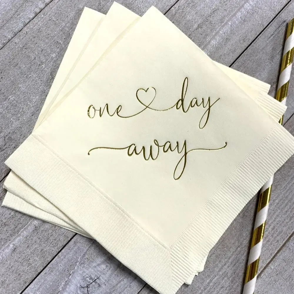 

50PCS Rehearsal Dinner Napkins Wedding Party Cocktail Beverage Size One Day Away Ecru Ivory with Metallic Gold Foil Print