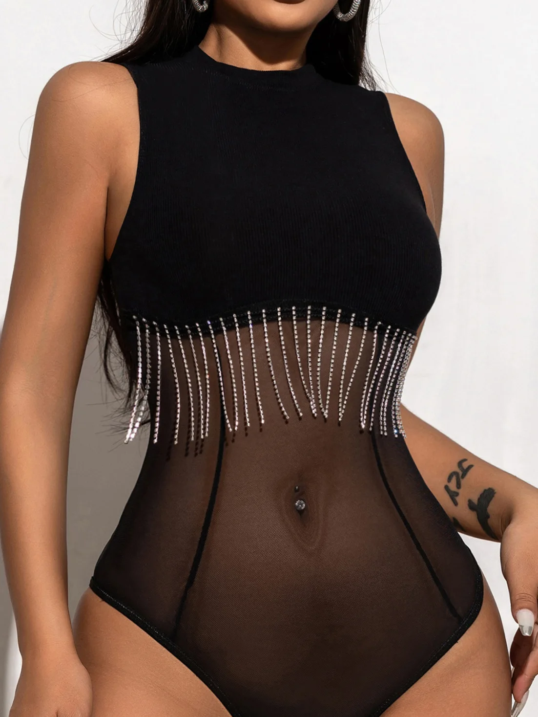 

Sexy Mesh Chain Fringe Bodysuit Sheer Sleeveless Tight Bodysuit Rhinestone Tassel Slim Bodysuit Clubwear Party One-Piece