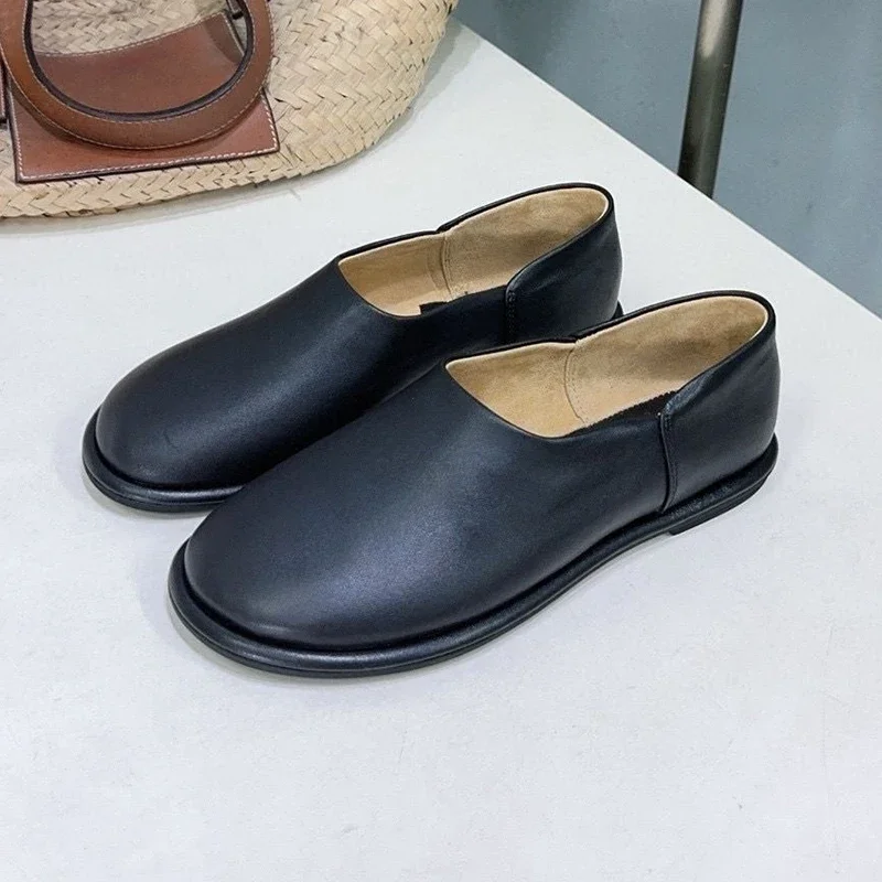 Flats Real Leather Round Toe Lazy Loafers Women Spring Autumn Deep Mouth Single Shoes Versatile Vacation Walking Shoes