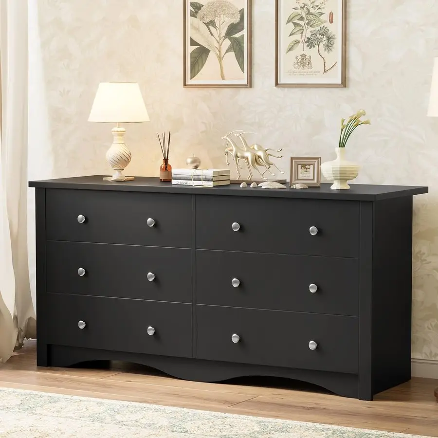 Commode noire pour chambre à coucher, commodes à 6 tiroirs, commode de rangement pour couloir, salon, entrée