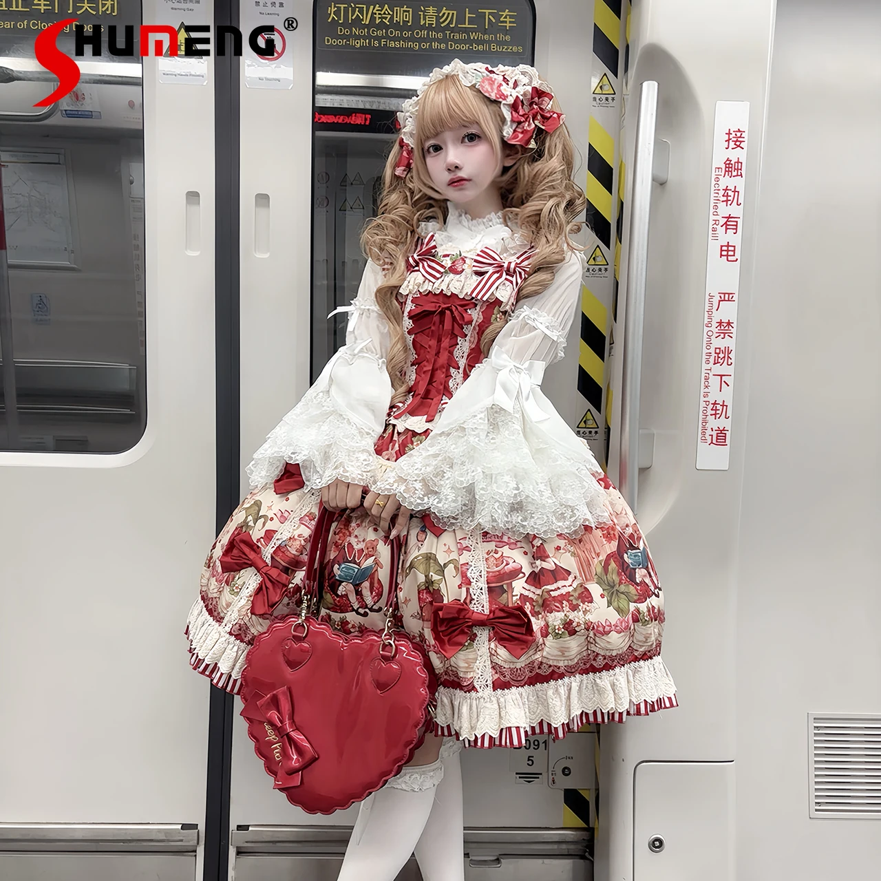 

Christmas Party Sweet Lolita Dress JSK Japanese Girls Cute Bow Strawberry Print Sleeveless Dress Birthday Party Princess Dress