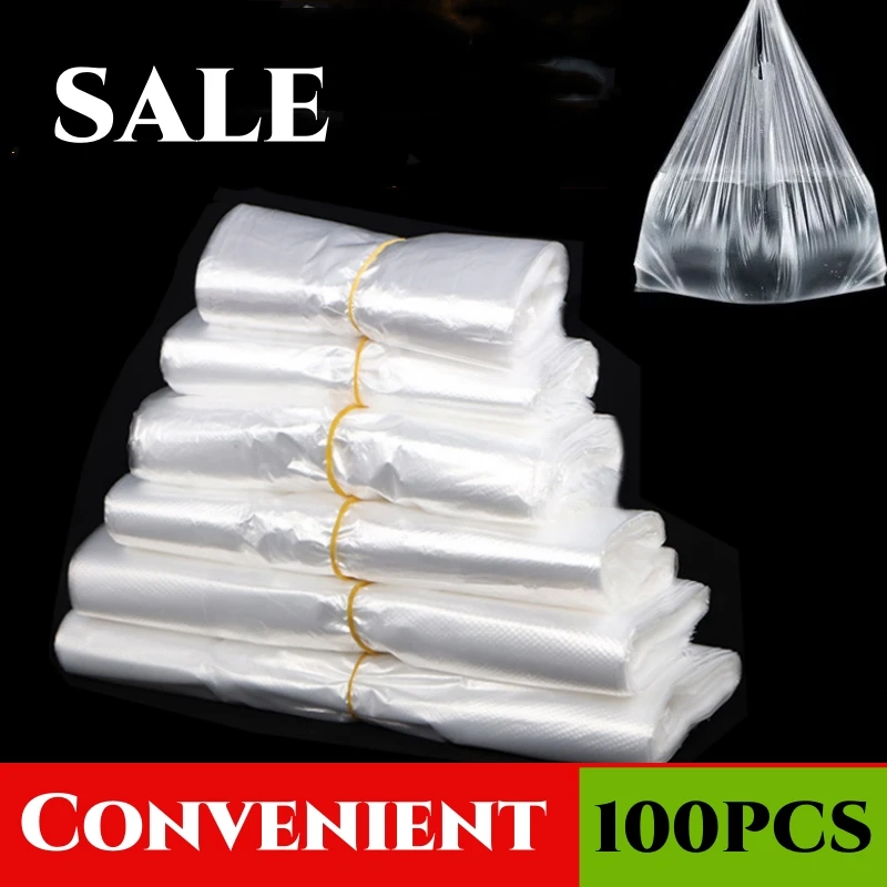 New 100Pcs Transparent Bags Supermarket Plastic Bags With Handle Shopping Bag Large Food Packaging