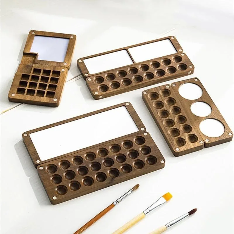 Portable Wooden Handmade Watercolour Box Empty Mini Wooden Acrylic Paint Supplies Paint Black Palette Walnut Box Paint