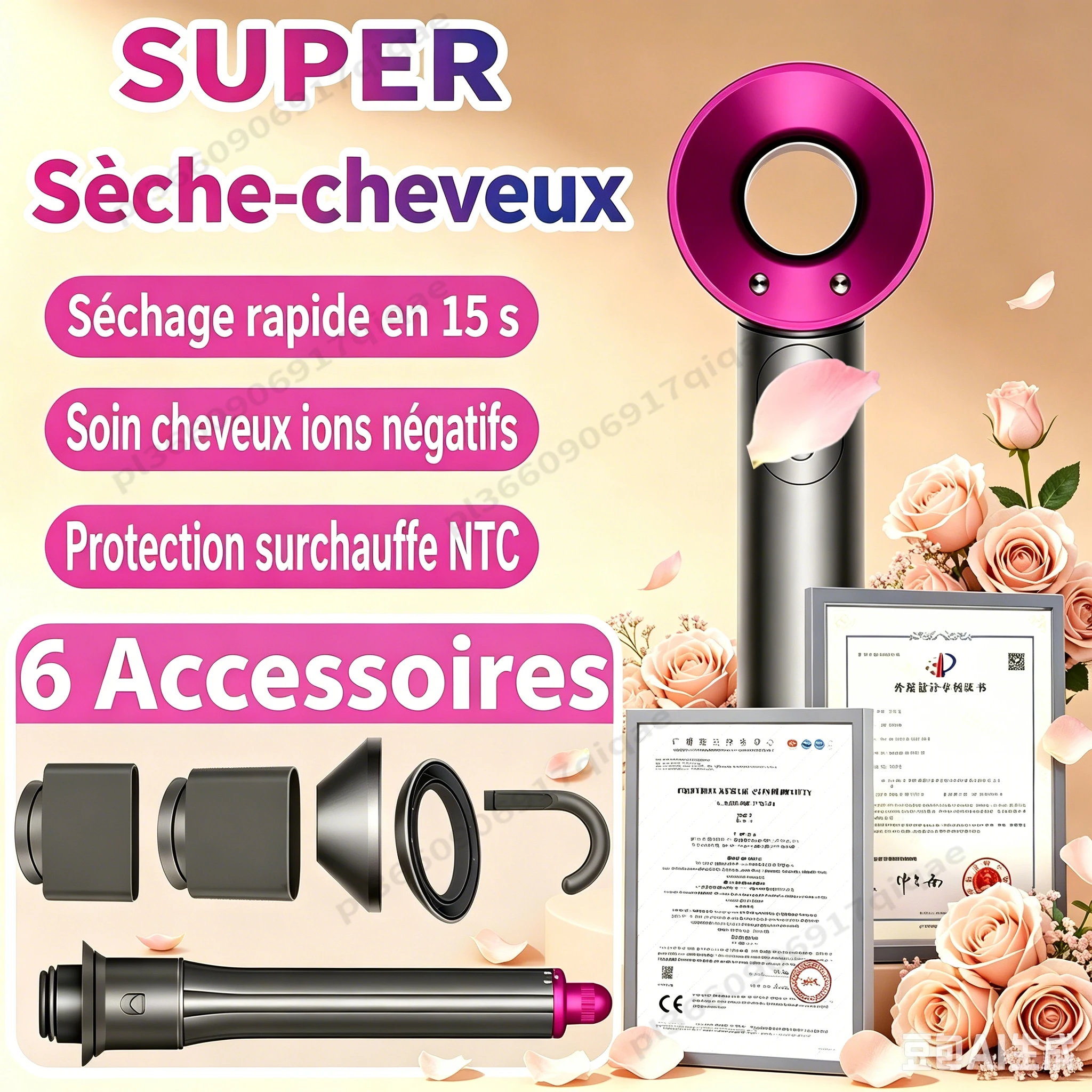 SenCiciMen 6 en 1 Sèche-cheveux professionnel super puissant à ions négatifs avec diffuseur et boucleur – Appareil électroménager puissant pour coiffure à domicile – Outils de coiffage pour voyage cadeaux de pour femme