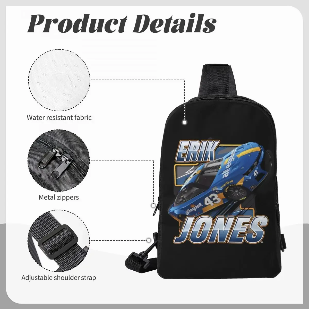 حقيبة ظهر Erik Jones 43 Crossbody Sling حقيبة كتف بحمالة صدر قابلة للتعديل للسفر والمشي لمسافات طويلة في الهواء الطلق للنساء والرجال