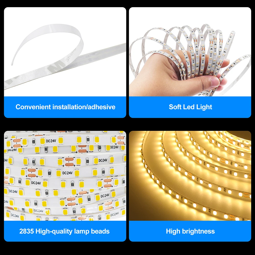5M 10M LED Strip Light 12V 24V Flexible Adhesive Tape Bright 2835 120LEDs/M 5mm 8mm PCB 13 Colors Home Decoration Not Waterproof