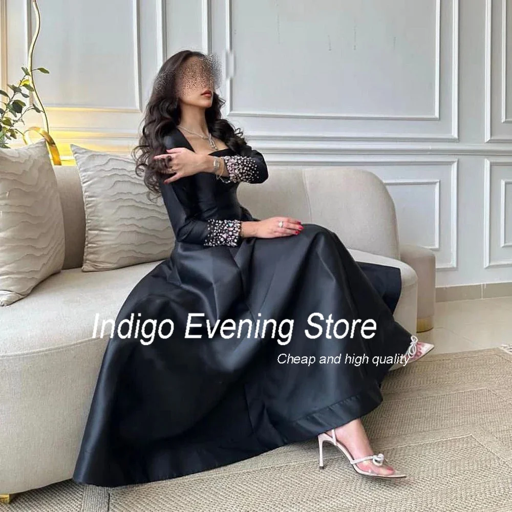 Indigo Prom Dress A-Line Long Sleeve Square Collar Beading Ankle -Length Satin Elegant Evening Gowns For Women 2024  فساتين الس