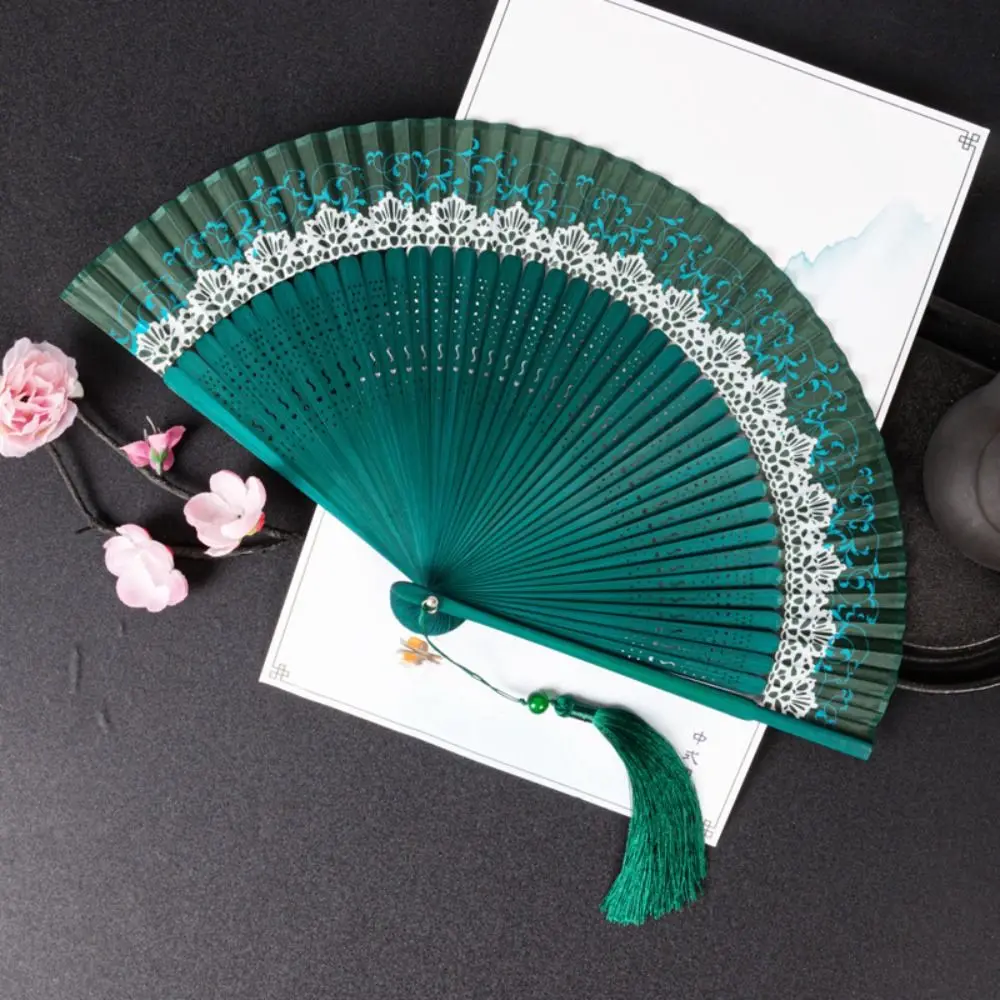 Small Folding Folding Fan Change Color With Tassel Dance Fan Bamboo Silk Cloth Hanfu Photography