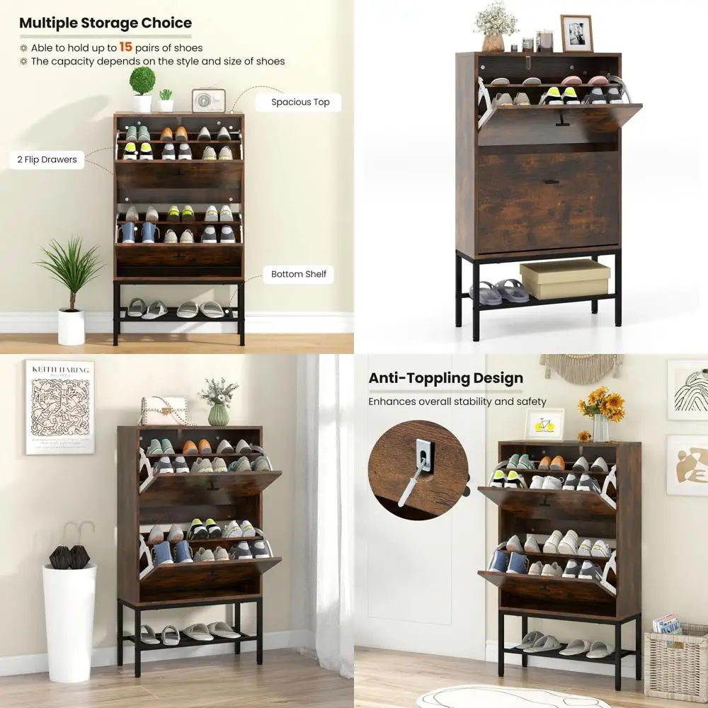 

Прочный шкаф для хранения обуви с 2 ящиками, регулируемыми полками, идеально подходит для прихожей и коридора, цвет: рустик-коричневый