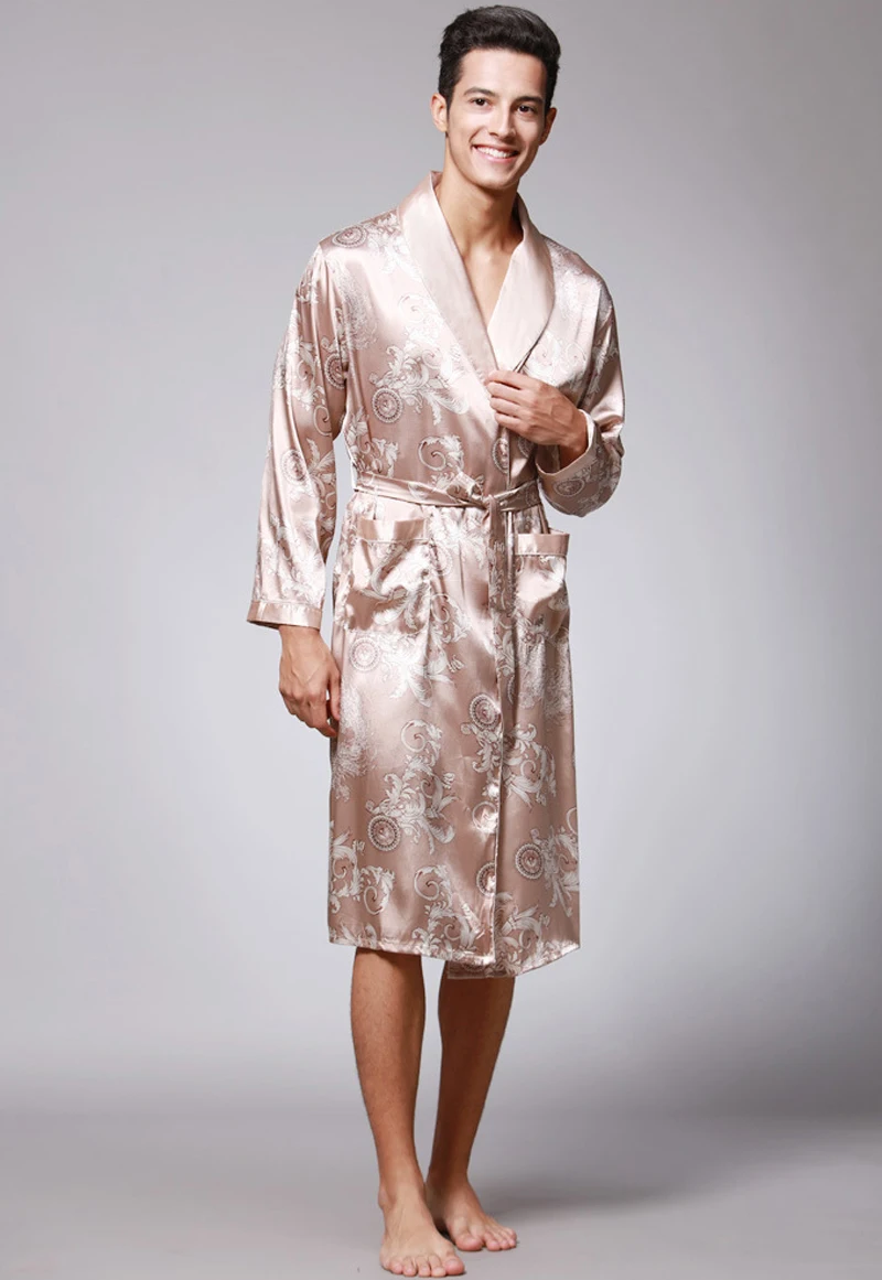 Spring Summer Men's Bathrobes Printed Male Pajamas Long Sleeves Nightwear Sleepwear Satin Silk Robe Pyjama Belt Men Robe MY1165 view 5