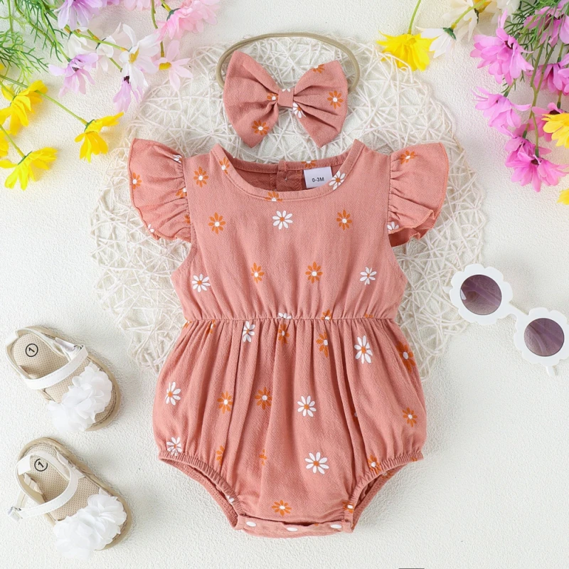 Summer Baby Rompers Sets Floral Print Short Sleeve Jumpsuit + Bowknot Headwear Suits 2Pcs Newborn Boys Girls Clothes Bodysuit