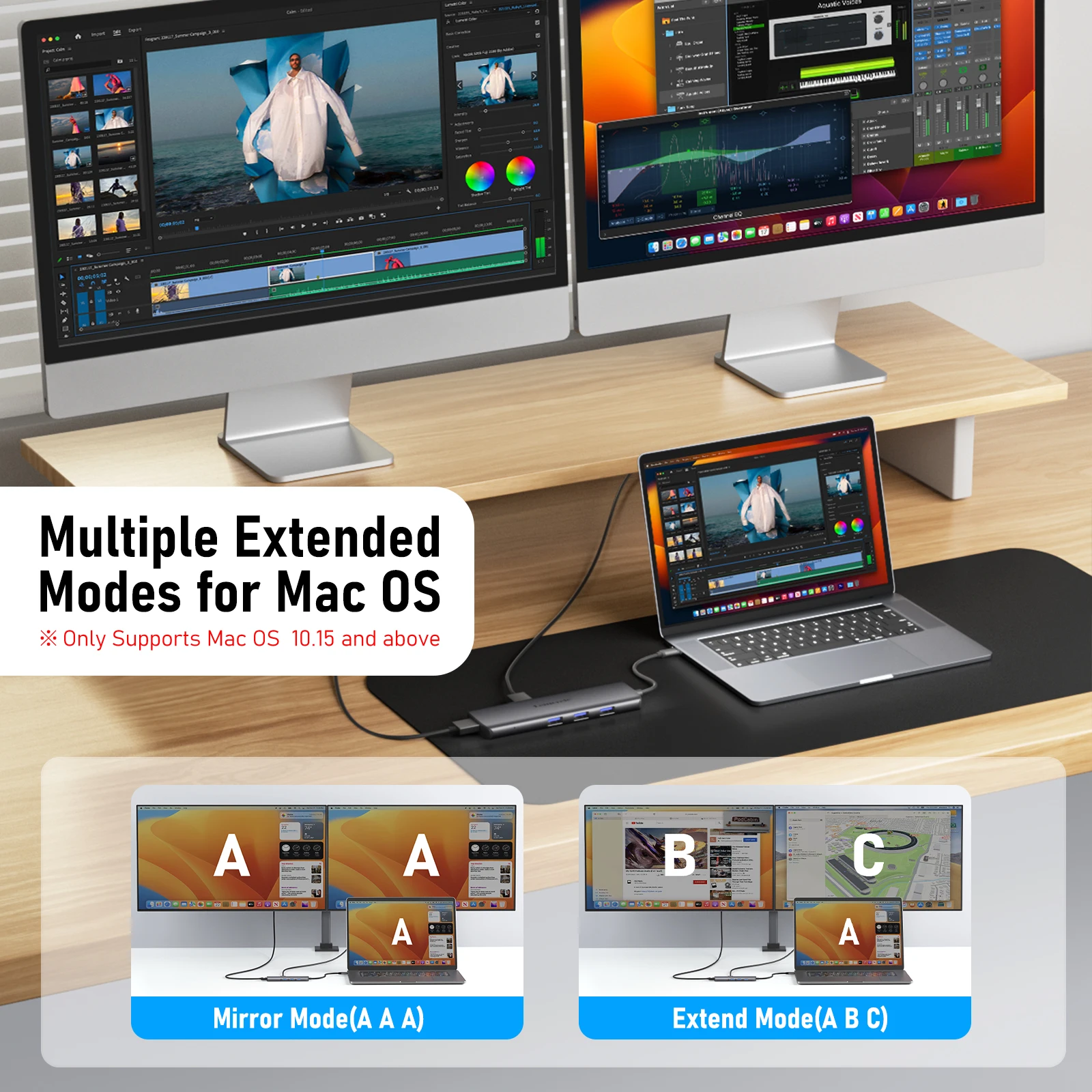 Lemorele USB Hub USB-C إلى محطة إرساء HDMI مزدوجة 4k @ 30 هرتز 6 منافذ USB3.0 Hub MST Type C محطة إرساء لنظام التشغيل Windows / MacOS #3