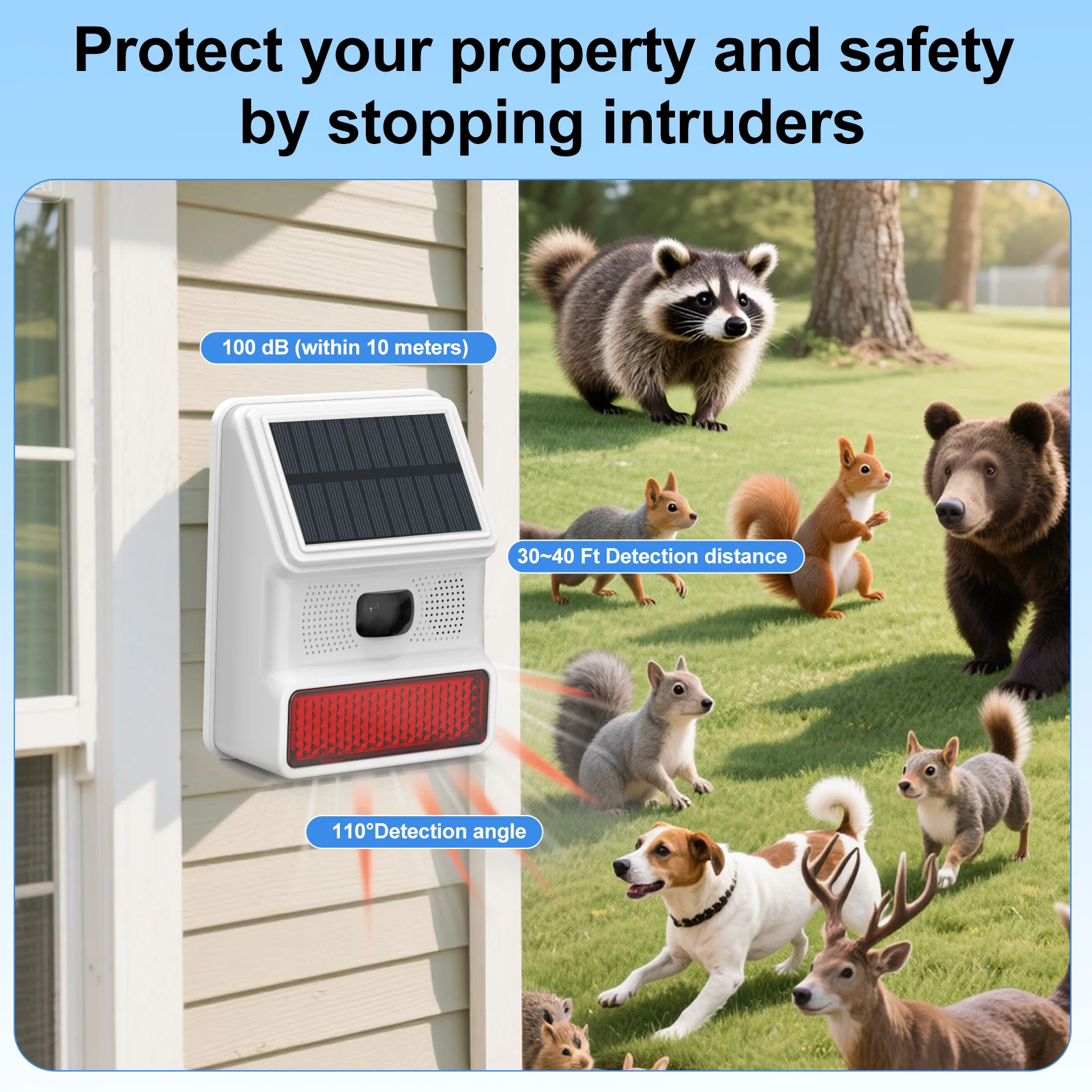 XUK Alarme com sensor de movimento solar 110dB, sirene à prova d'água IP65 - Alarme de segurança sem fio para casa, jardim, fazenda, antirroubo