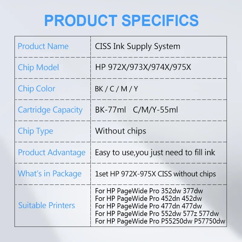 For HP 972 973 974 975 972X 973X 974X 975X CISS Continuous Ink Supply System Without Chips 352dw 377dw 452dn 452dw 477dn 477dw
