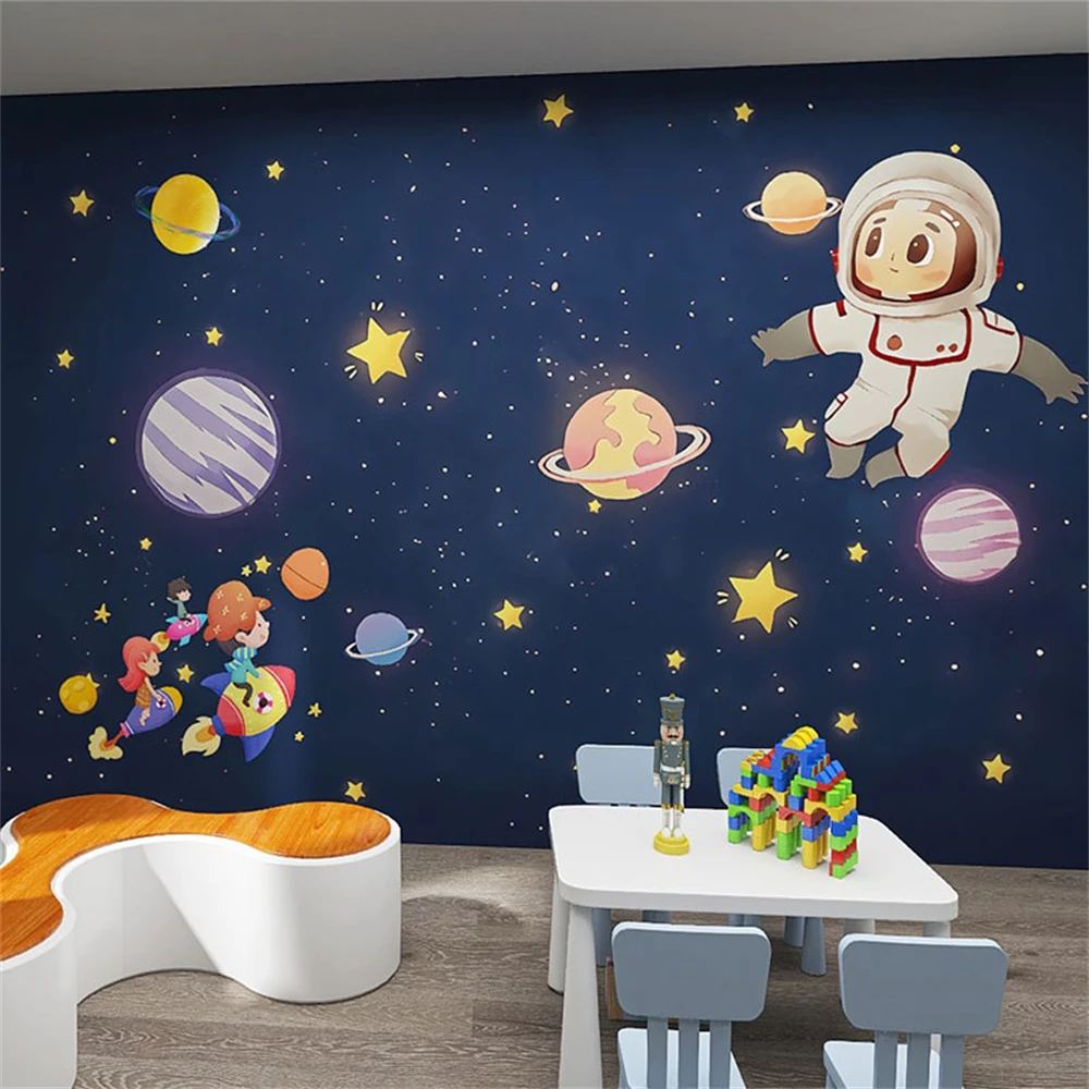 Custom Children's Room Mural - Cartoon Universe Astronaut Starry Sky Planet Wallpaper Early Childhood Kindergarten Wall Paper