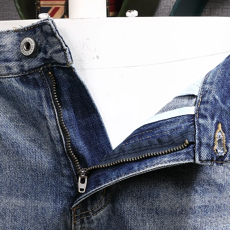 Ripped Short Jeans Men Streetwear Camouflage Patches Denim Shorts Summer Fashion Casual Blue Regular Straight Knee Length Pants