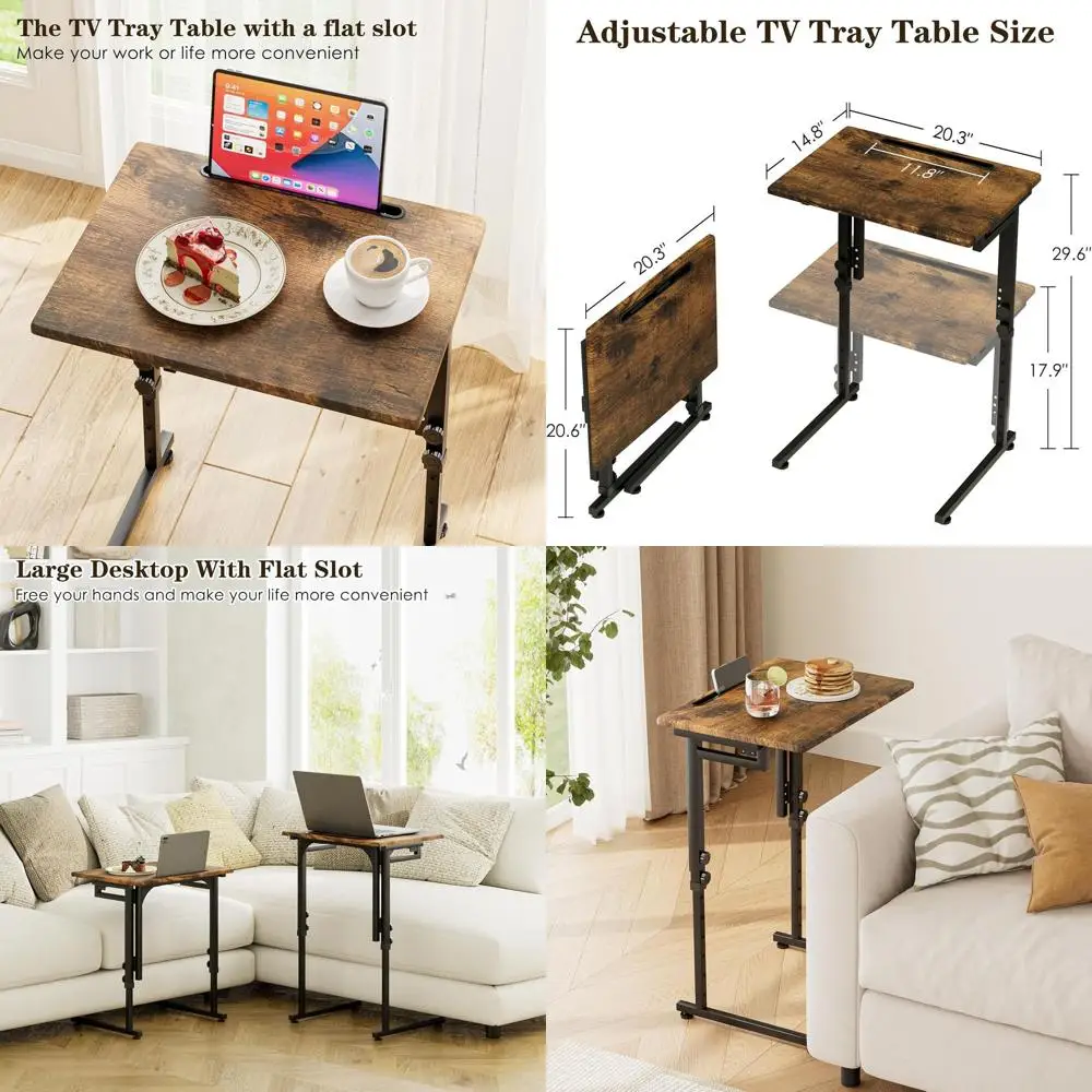 

Adjustable Height TV Tray Table, C-Shaped Side Table for Eating, Slides Under Couch, Sturdy MDF Top, No Assembly, Brown (2 Pack)