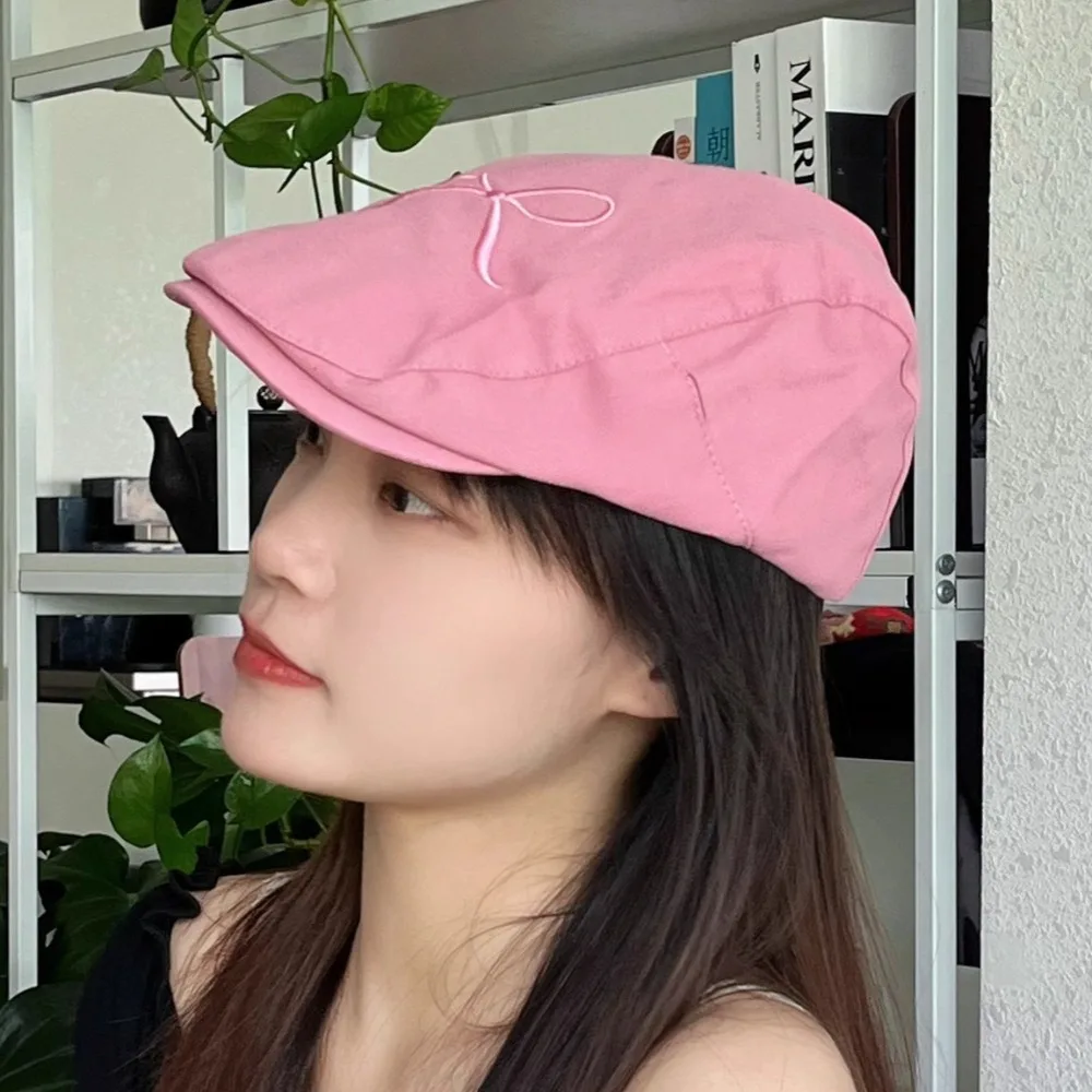 Simple Y2K Berets Cap Bowknot Pattern Cotton Newsboy Cap Rough Edge Big Head Circumference Women Artist Hat Spring