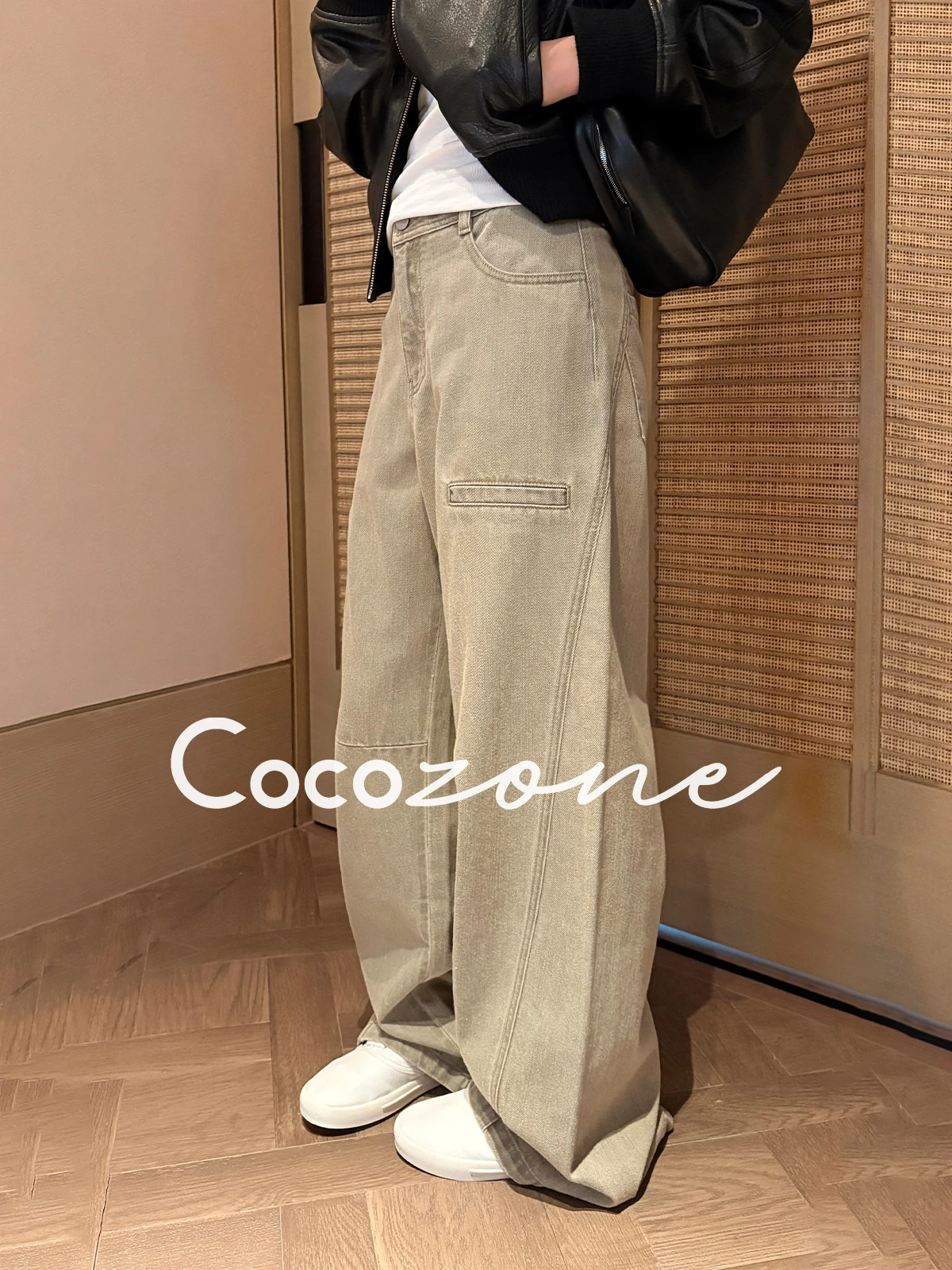 

High Waist Wide Leg Denim Jeans COCOZONE Casual Style Cotton 100% Washed Workwear Knife Jeans Ladies Loose Fit Spring Se...