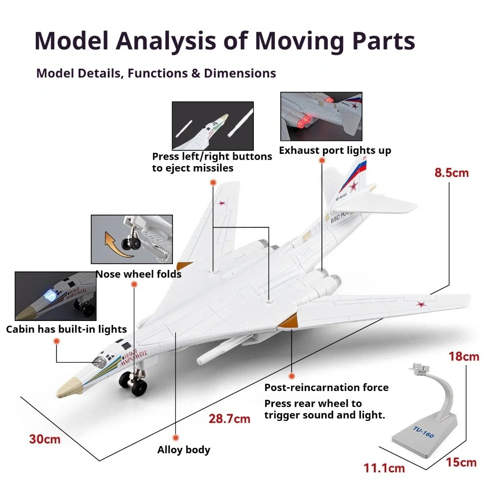 1:150 Scale Tu‑160 Bomber Aircraft Model Toy Car Metal Body Rubber Tire Foldable Nose Wheel Airplanes Models Sound Light Gifts