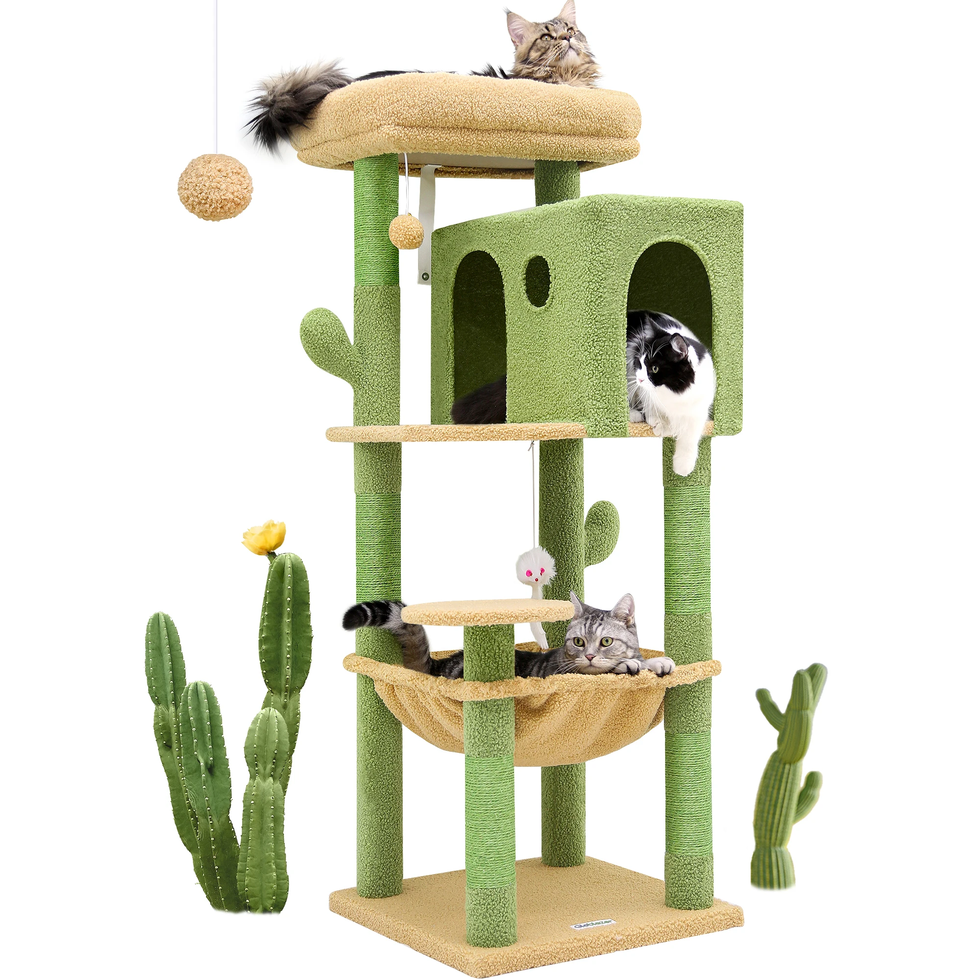 

F49C Cactus Cat Tower for Indoor Cats, Cactus Series 49inch Cat Climbing Tower Cat Tree with Hammock, Scratching Post