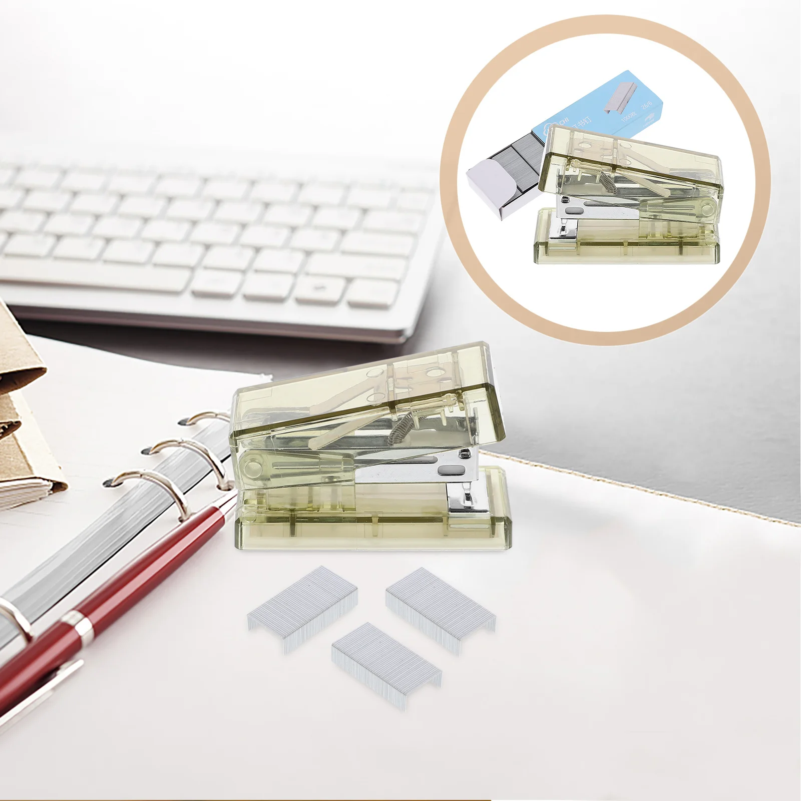 1 Juego de grapadora transparente de moda, organizador de escritorio profesional portátil para oficina, hogar, escuela, estudiantes