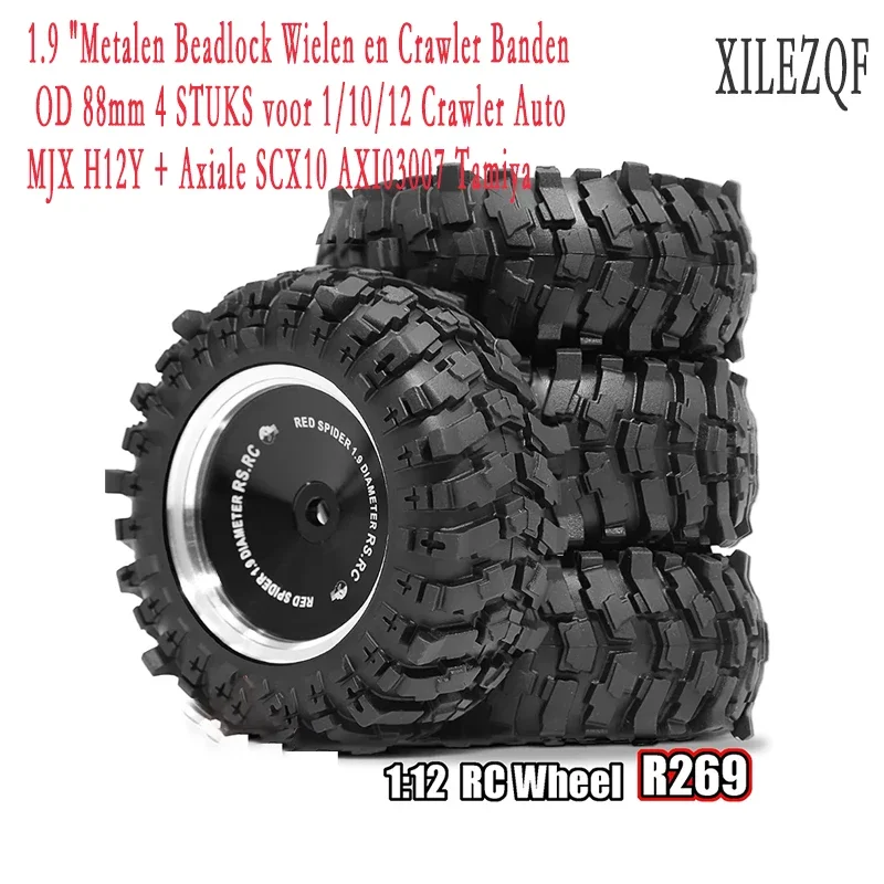 

1.9 "Metalen Beadlock Wielen en Crawler Banden OD 88mm 4 STUKS voor 1/10/12 Crawler Auto MJX H12Y + Axiale SCX10 AXI03007 Tamiya