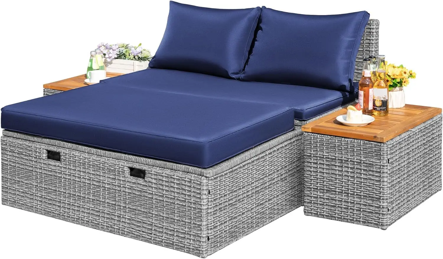 Flamaker Outdoor Rattan Lounge Chair with 2 Side Tables, Multifunctional Outdoor Patio Daybed with Footrest, Cushions, Storage O