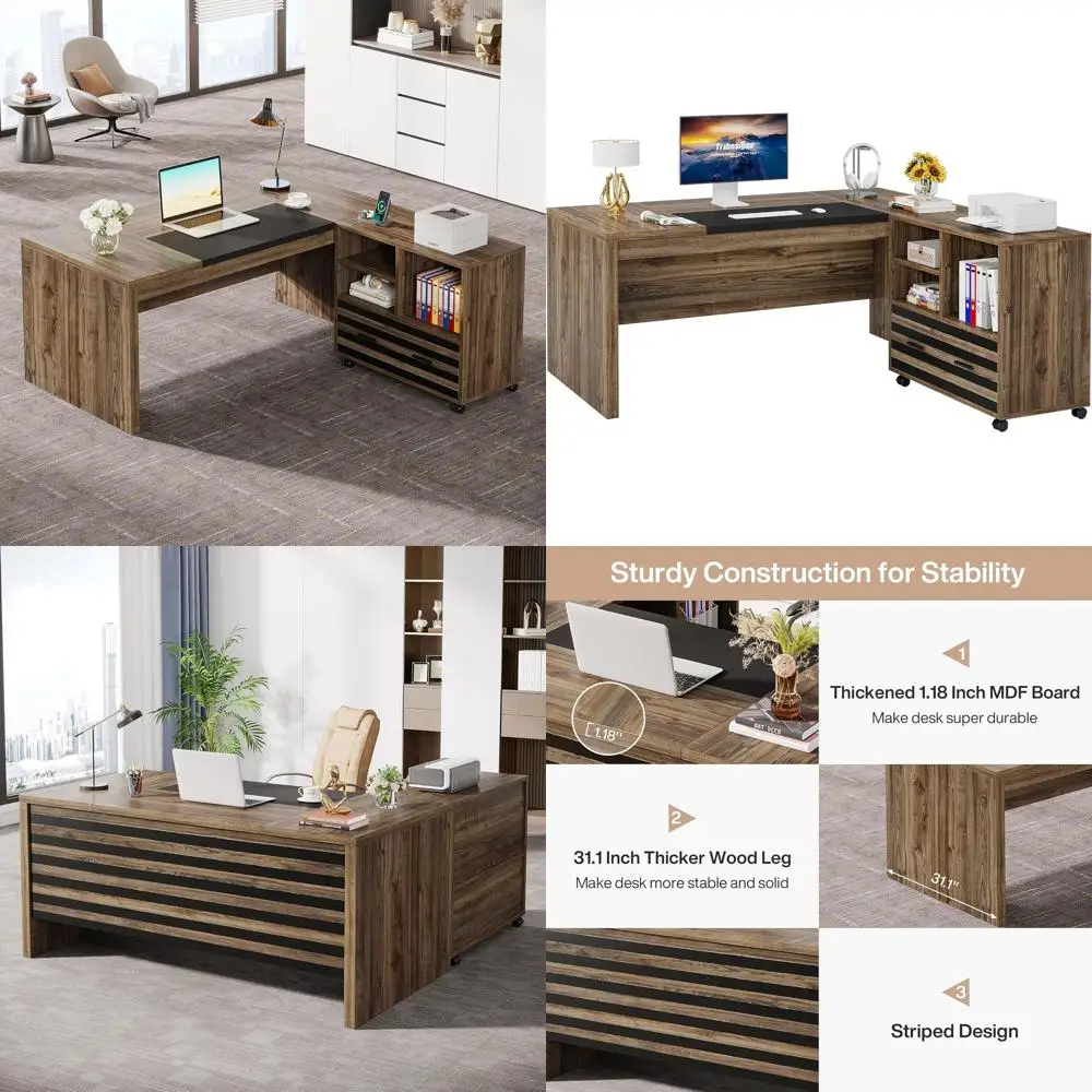 

62.2 Большой L-образный офисный стол с местом для хранения, светло-коричневая компьютерная рабочая станция для дома или офиса