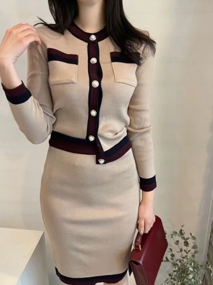 New Autumn Women Fashion Designer Skirt Set Long Sleeve Pockets Tops + High Waist Knee Skirt Knitting 2 Two Pieces Suits